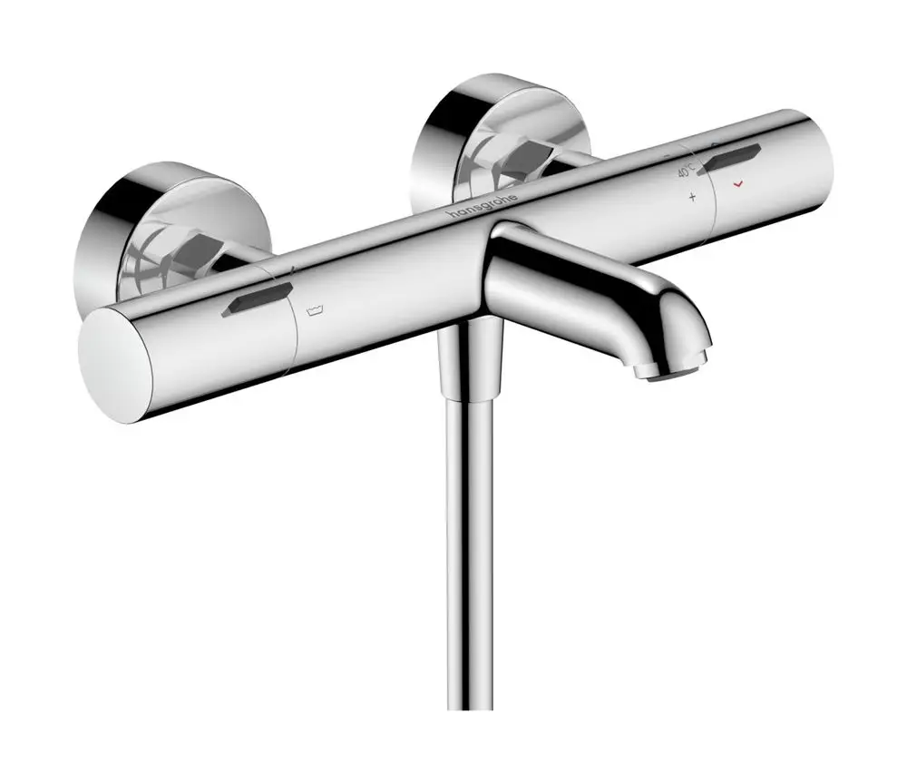 Thermostat von Hansgrohe mit zwei Rundreglern für Temperatur und Wassermenge. Verchromte Oberfläche, Wandmontage, geeignet für Wannenanschluss.